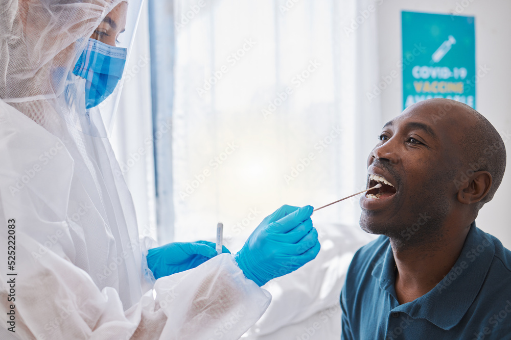 Canvas Prints Doctor, healthcare and covid test using swab in mouth of a patient to collect specimen at testing center. Medical professional in hazmat suit for hygiene while working with coronavirus in a hospital