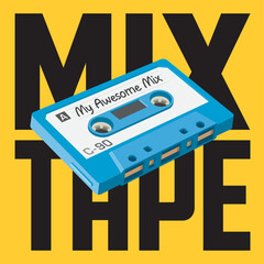 Vector Illustration of vintage cassette tape used to make mix tape. Cool digital drawing of tape containing a mix of different music.