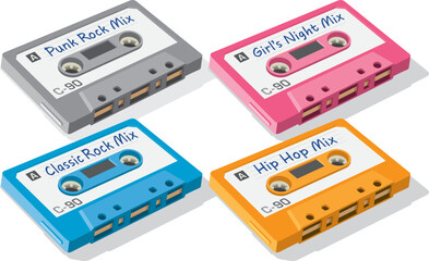 Vector Illustration of multiple vintage cassette mix tapes. Digital drawing of four mix tapes, each with a different genre of music.
