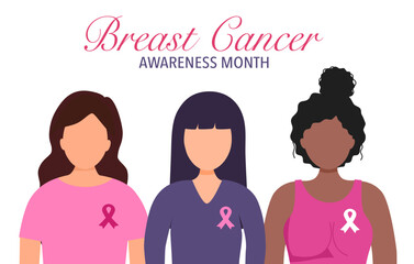 Breast cancer awareness month concept vector illustration. Women with ribbon logo in flat design on white background.