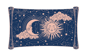 Divine scroll of universe device, astrology or tarot banner. Sun and moon with a face on a blue background with stars. Mystical vector illustration, line drawing by hand.