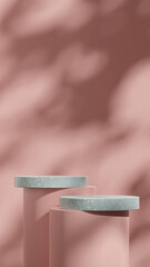 Bright empty scene 3d rendering mockup of green terrazzo texture podium and pink wall in portrait
