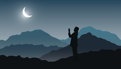 silhouette of a person on a hill praying with a beautiful night sky background