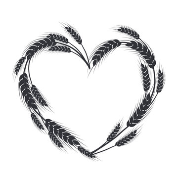 recommend clip art: Wheat, oat, rye or barley heart silhouette. Cereal plant border, agricultural frame with black spikelets. Banner for design beer, bread, flour packaging.