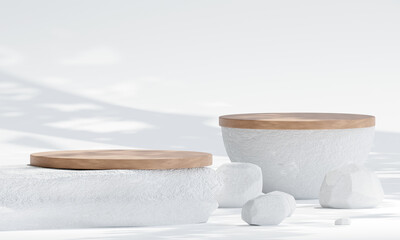 rock podium with rounded wood for product presentation. Natural beauty pedestal, 3d illustration