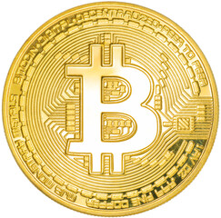 Golden coin with bitcoin symbol falling in the air isolated on white background, Shiny golden...