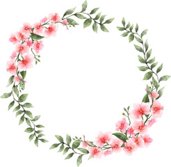 Fototapeta na wymiar Watercolor Pink Orchid Flower and Leaves Wreath Illustration