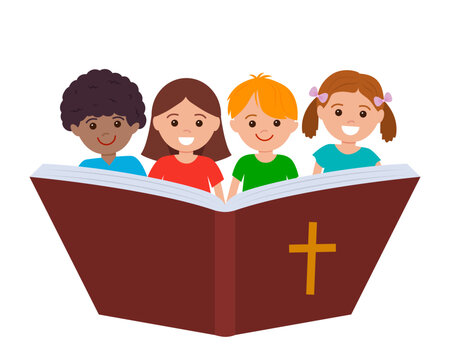 cute children read the bible. Sunday school concept. vector illustration