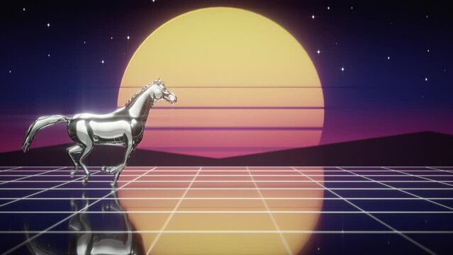 retrowave synthwave horse riding futuristic background 1980 animation