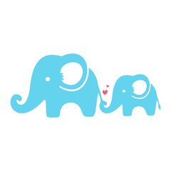 Mother and son elephants walk with their trunks and tails together. Mother's day love ideas.