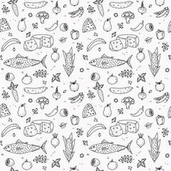 Farmer's market seamless pattern with line icons. Fruits, vegetables, berries, fish, apples, pears, onions.