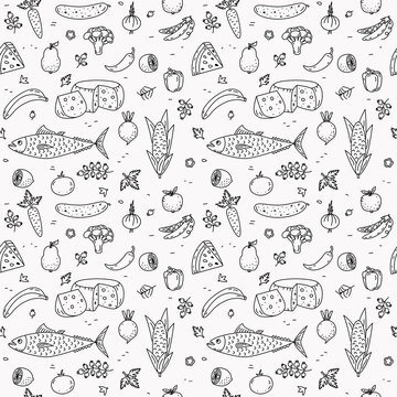 Farmer's market seamless pattern with line icons. Fruits, vegetables, berries, fish, apples, pears, onions.