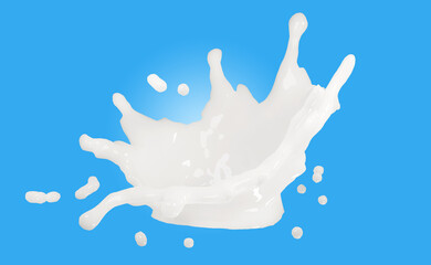 3d milk or yogurt ripple splash isolated on blue background. 3d render illustration, include clipping path