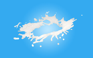 3d milk ripple splash isolated on blue background. 3d render illustration, include clipping path