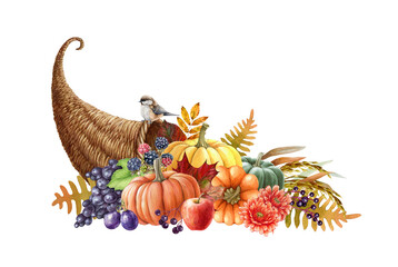 Harvest cornucopia hand drawn watercolor illustration. Festive thanksgiving cornucopia with pumpkins, grapes, apples, autumn flowers and leaves. Autumn seasonal decoration. White background - obrazy, fototapety, plakaty