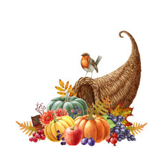 Cornucopia watercolor illustration. Hand drawn festive thanksgiving cornucopia with pumpkins, grapes, apples, autumn flowers and leaves. Autumn harvest seasonal decoration element. White background