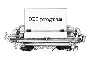 DEI, diversity equity inclusion program symbol. Concept words 'DEI program' typed on old retro typewriter.