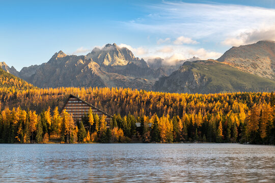 Autumn landscape of Strbskie Pleso in Slovakian Tatra mountains