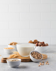 Vegetable milk in a mug on the background of bowls with nuts, oatmeal and legumes. An alternative to dairy products.