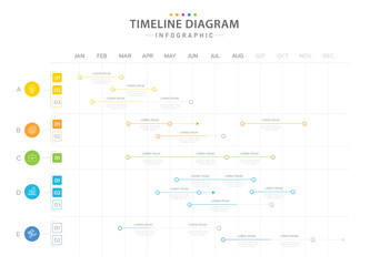 Infographic template for business. 12 Months modern Timeline diagram calendar with 5 Main Topics, presentation vector infographic.