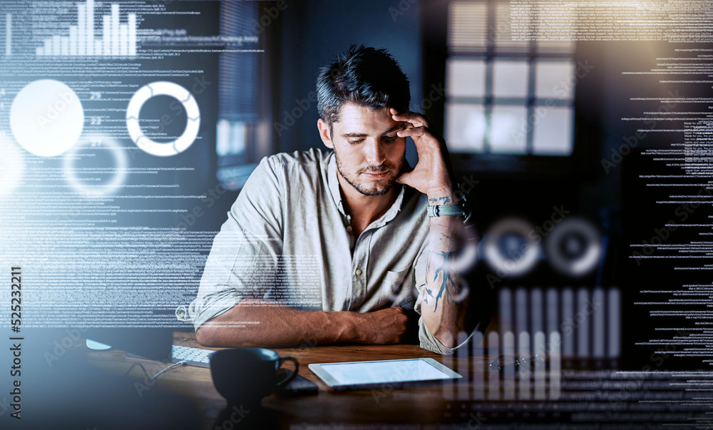Poster Web designer feeling stressed, tired and depressed while working on cgi code information technology. Big data engineer, computer programmer or software developer busy thinking of it and ai tech