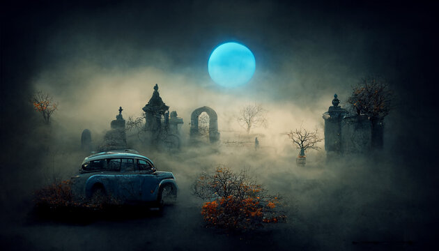 Broken old car with pumpkins illustration for halloween. Halloween night pictures for wall paper.3D illustration.