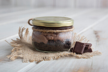 Chocolate mousse Dessert in a glass jar personal serving