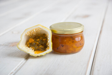 Passion fruit Little glass jar of fresh fruit marmalade jam jelly