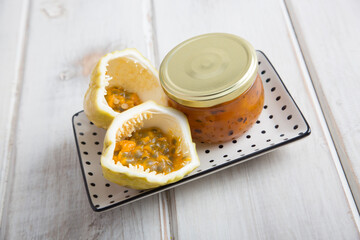 Passion fruit Little glass jar of fresh fruit marmalade jam jelly
