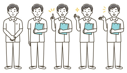 看護師男性の表情バリエーションのイラストセット（肌色なしバージョン）
