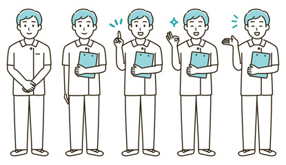 看護師男性の表情バリエーションのイラストセット（水色バージョン）