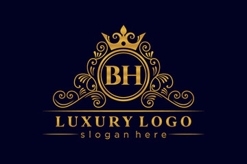 BH Initial Letter Gold calligraphic feminine floral hand drawn heraldic monogram antique vintage style luxury logo design Premium Vector
