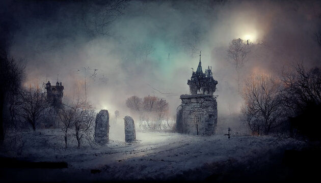 Old cemetery with pumpkins illustration for halloween. Halloween night pictures for wall paper.3D illustration. 