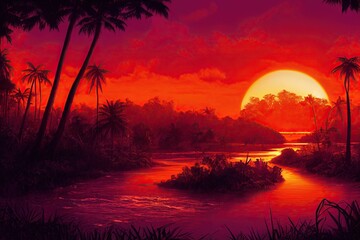 Fototapeta na wymiar Retro synthwave unexplored amazon jungle river with intense bright hazy 80's reddish orange sunset - tall dense overgrown tropical vegetation and palm trees paradise nostalgia.