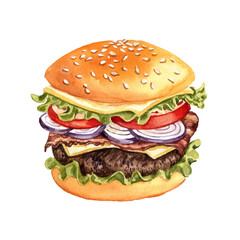 watercolor drawing fresh burger with tomatoes, onion and salad, hand drawn illustration