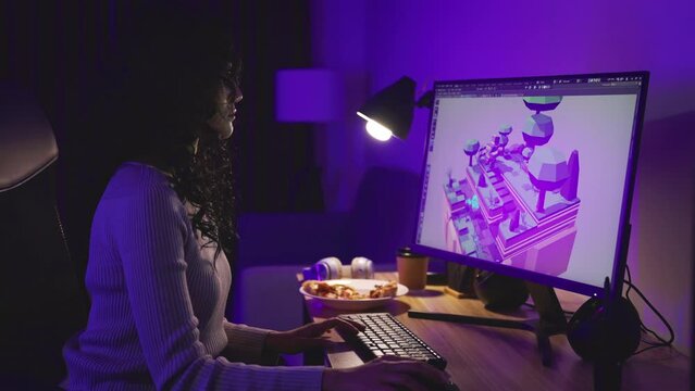 Young female designer working at home. She working 3d modelling program and creates a 3d game.