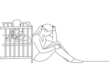 Drawing of depressed young woman with cute baby at baby crib. Line art style
