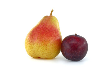 Pear and plum isolated on white background