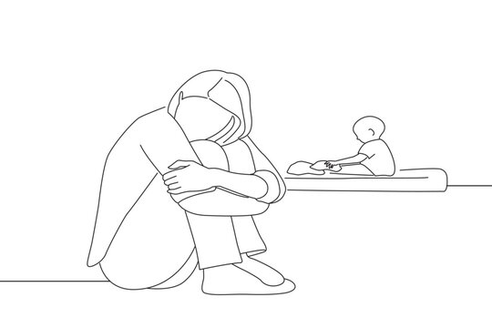 Drawing of depressed young woman sitting on sofa at home. One line art