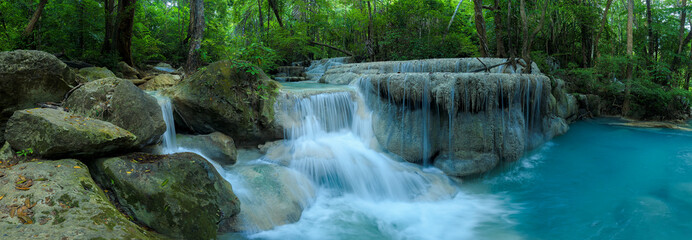 Panoramic beautiful deep forest waterfall in Thailand.