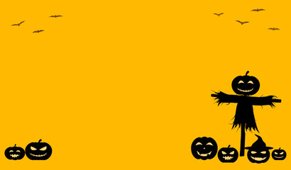 Happy Halloween banner vector illustration, spooky shadow Jack O lantern head scarecrow with many scary Halloween pumpkin and flying bats on yellow background with copy space, Autumn holiday decoratin