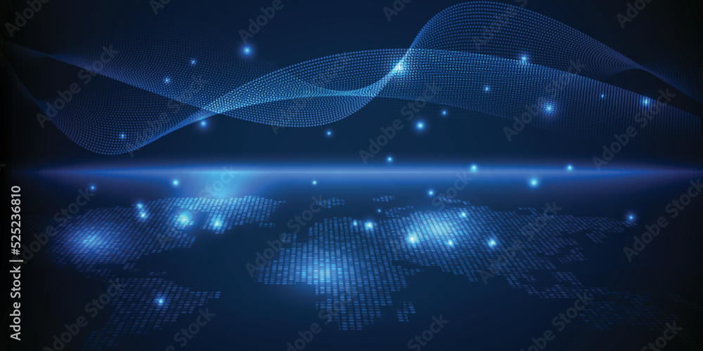 Poster vector illustrations of futuristic digital perspective with glowing map and wave wireframe for digit