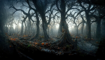 Realistic haunted forest spooky landscape at night. Fantasy Halloween forest background. 3D illustration.
