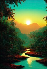 Retro synthwave unexplored amazon jungle river with intense bright hazy 80's reddish orange sunset - tall dense overgrown tropical vegetation and palm trees paradise nostalgia.