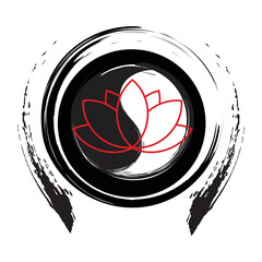 Zen logo with red lotus inside and brush stroke design.