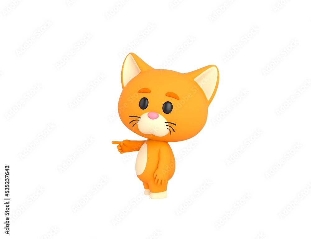 Sticker orange little cat character pointing index finger to the left in 3d rendering.