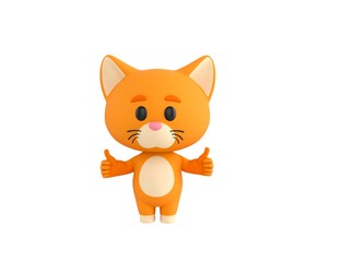 Orange Little Cat character showing thumb up with two hands in 3d rendering.