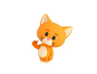 Orange Little Cat character pointing back thumb up empty space in 3d rendering.