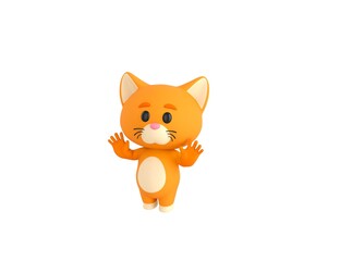 Orange Little Cat character raising hands and showing palms in surrender gesture in 3d rendering.