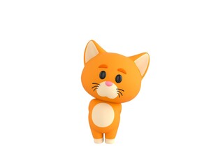 Orange Little Cat character hides his hands behind his back in 3d rendering.